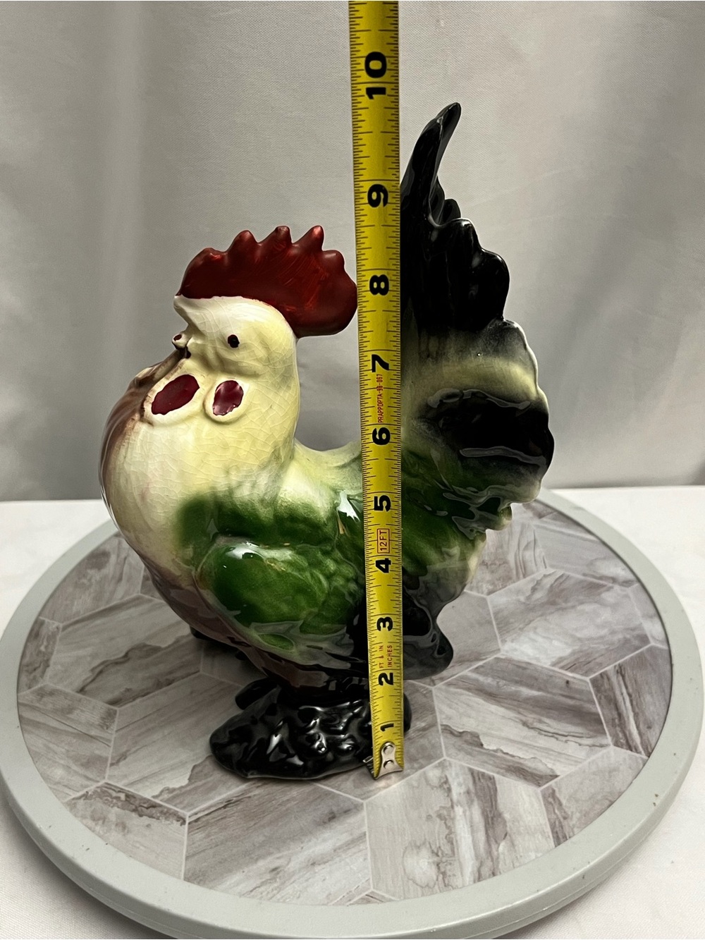 Vintage Ceramic Rooster Figurine Green Brown Black Farmhouse Kitchen Decor 9” - Picture 6 of 7